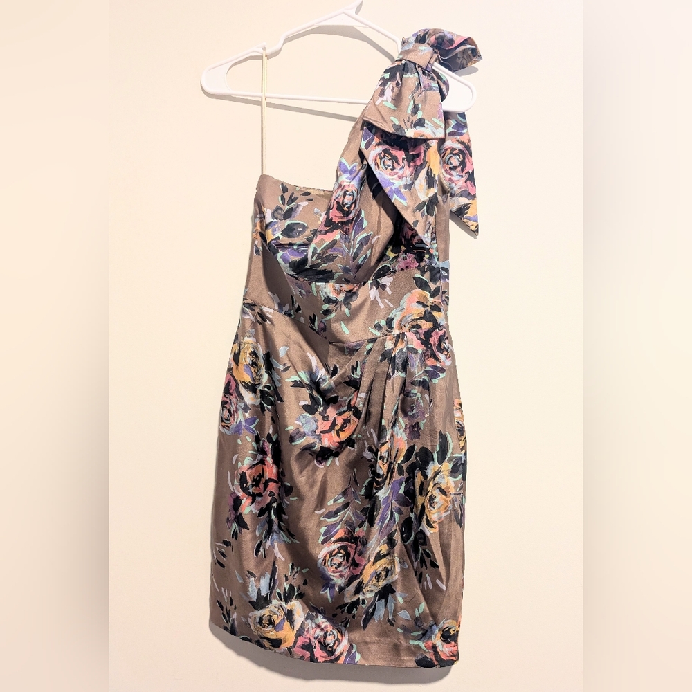 Trina Turk Silk Taupe One-Shoulder Floral Bow Dress Size 8